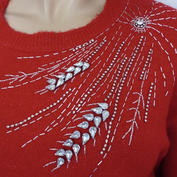 Nwt BROADWAY 38 Red Beaded Sweater Top Sz M CHIC! - Picture 3 of 6
